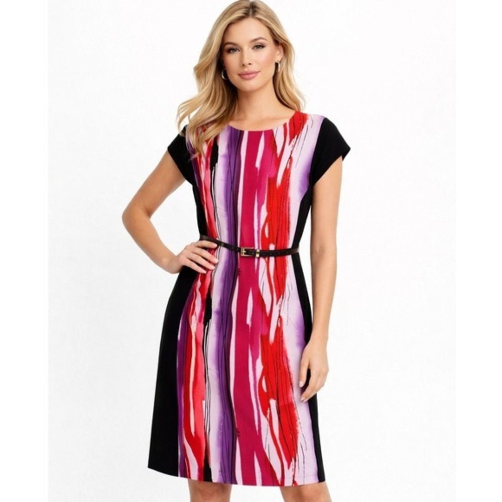 John Miller Collection Multicolor Belted Sheath Dress Size 10 Red Pink Purple